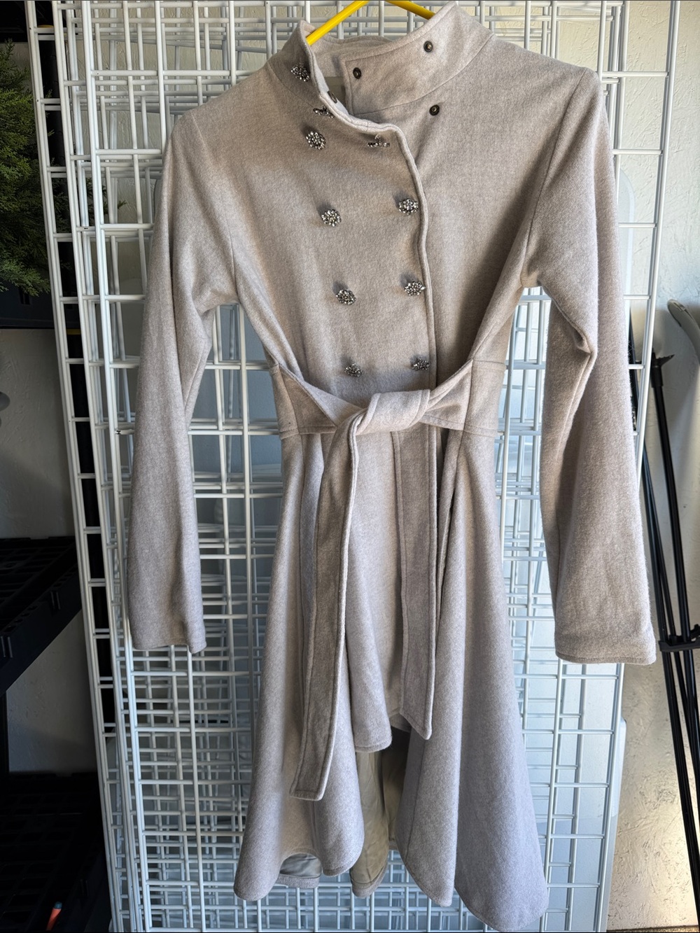 Girls Long Taupe Belted Double-Breasted Coat
